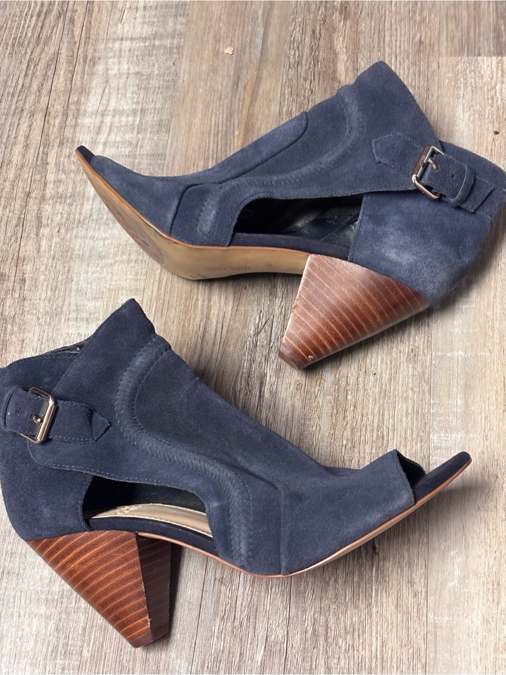 Vince Camuto Ennley Navy Suede Open-Toe Buckle Cutout Heel Booties